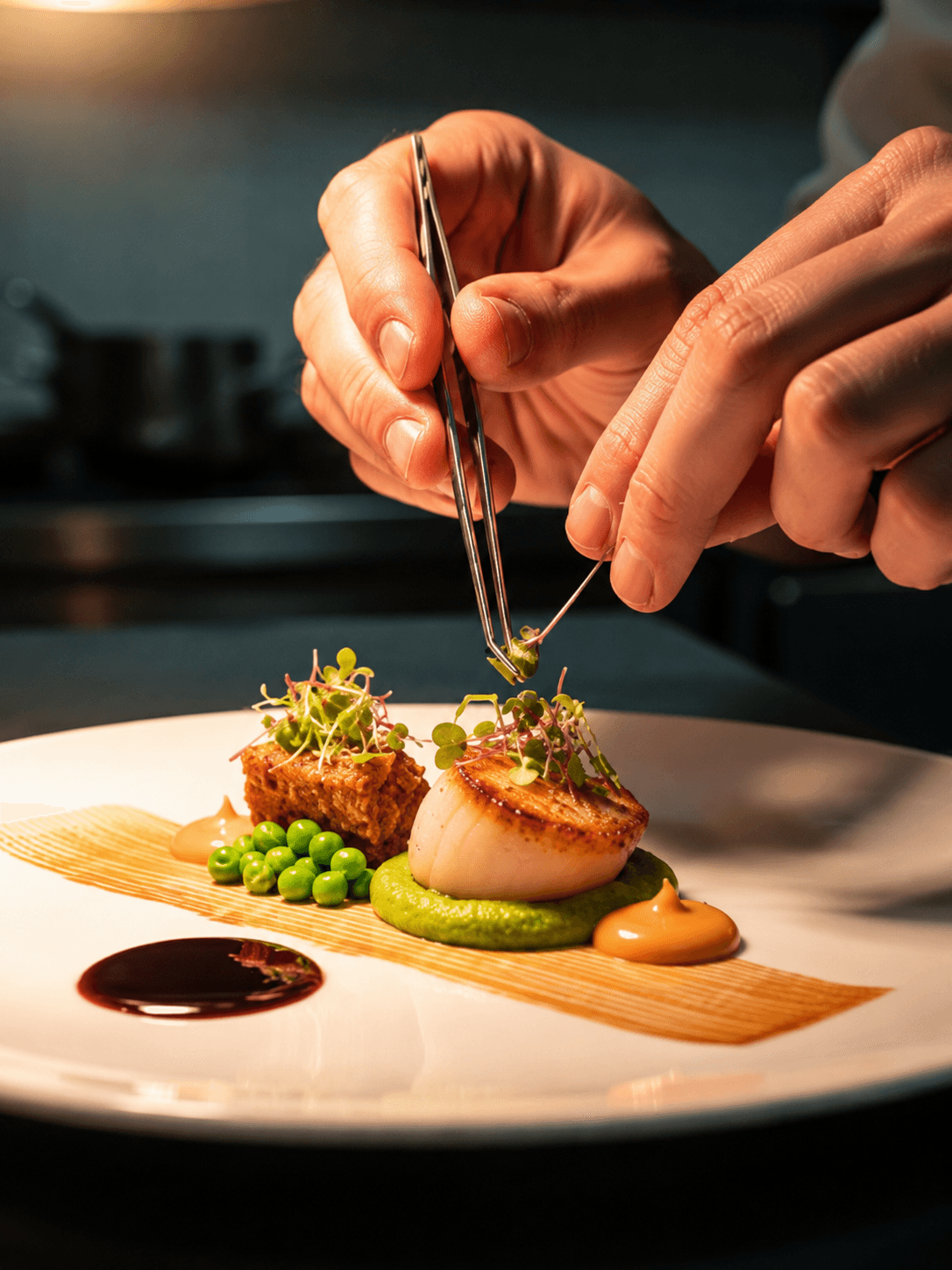 Chef hands plating a gourmet dish