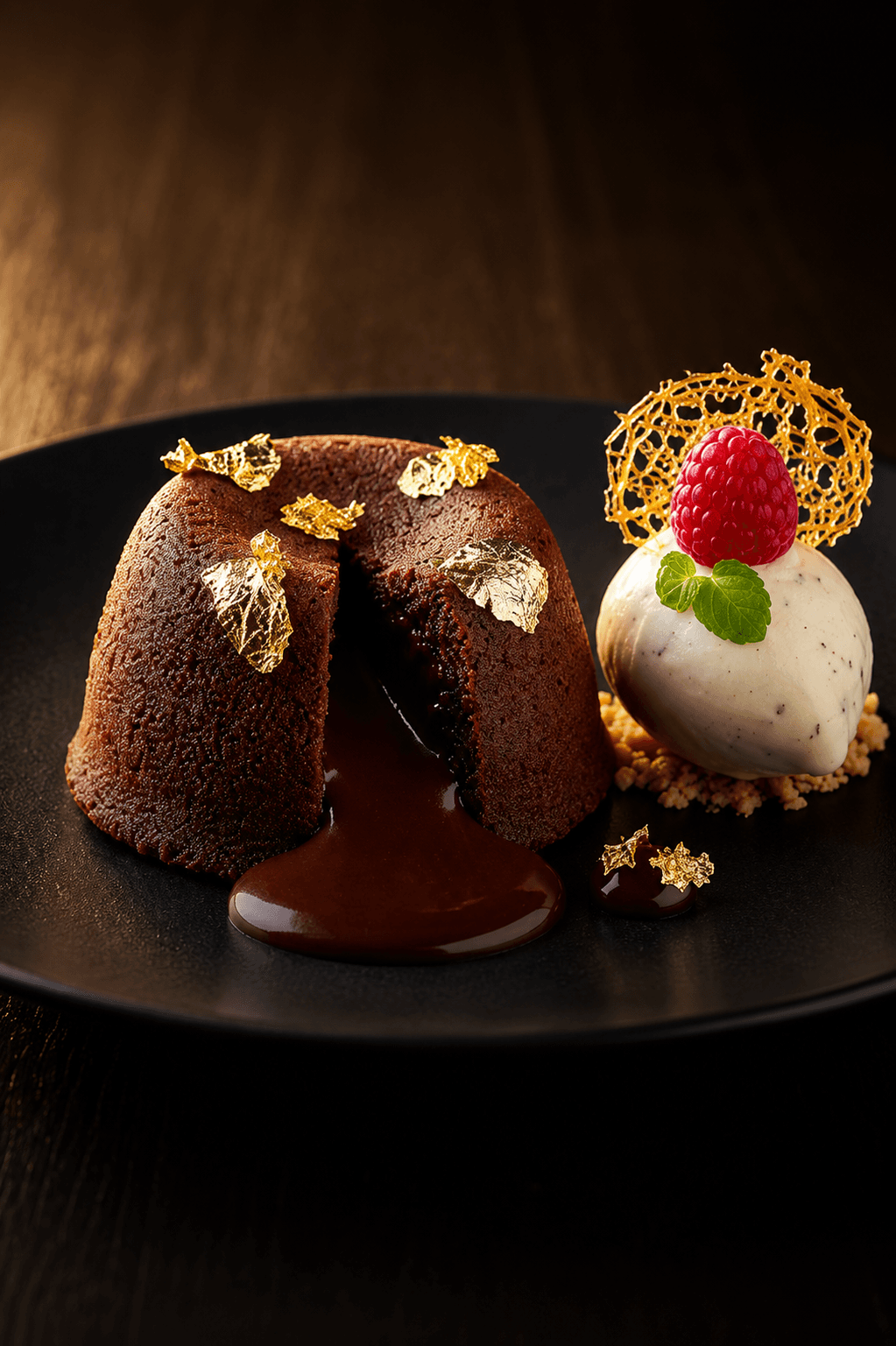 Chocolate dessert with gold leaf garnish