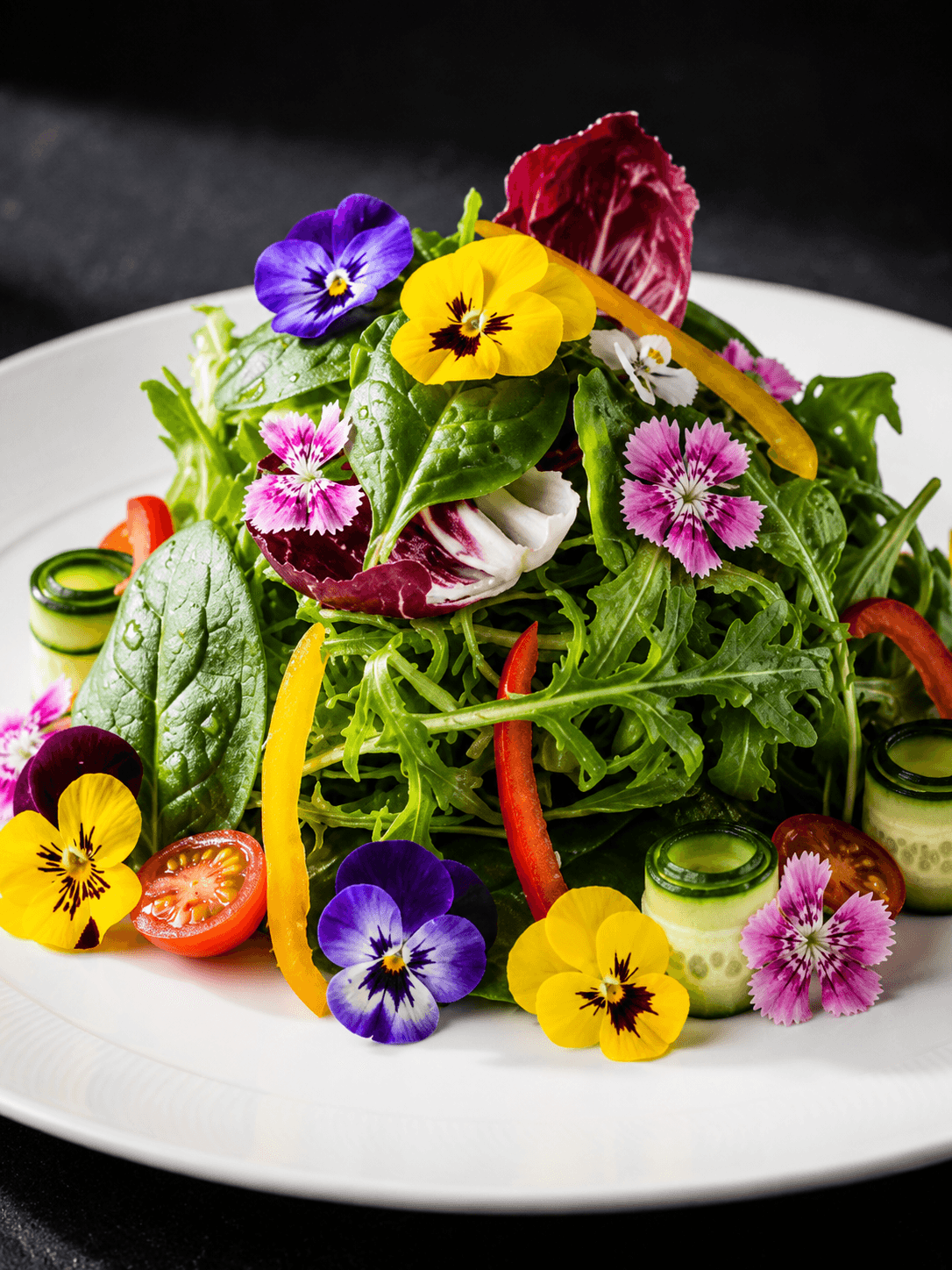 Fresh gourmet salad with edible flowers